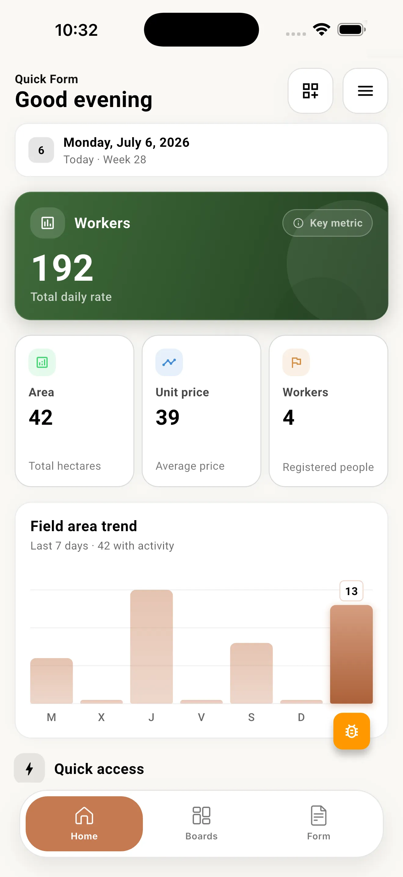 Screenshot of the Quick Form app showing a form and its dashboard